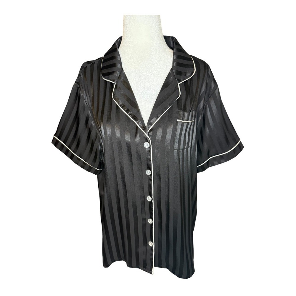 Flora Nikrooz Pajama Top L Black Striped Short Sleeve Button Down Sleep‎ Shirt